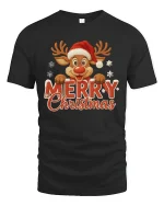Merry Christmas Reindeer Cute Holiday Snowflakes Graphic T-Shirt - black t-shirt on white background