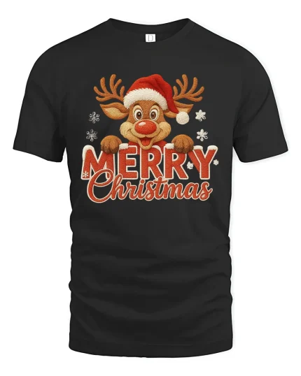 Merry Christmas Reindeer Cute Holiday Snowflakes Graphic T-Shirt - black t-shirt on white background