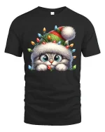 Cute Christmas Kitten Lights Beanie Holiday Cartoon Graphic T-Shirt - black t-shirt on white background
