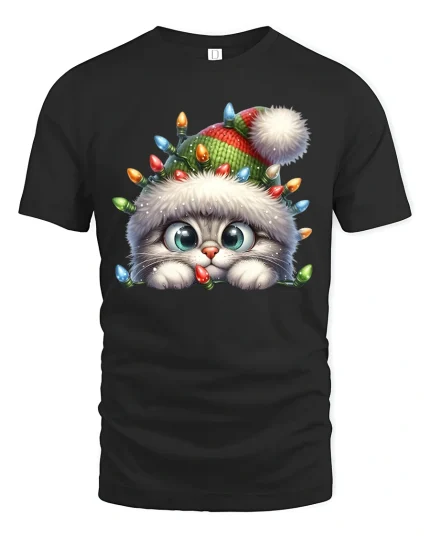 Cute Christmas Kitten Lights Beanie Holiday Cartoon Graphic T-Shirt - black t-shirt on white background