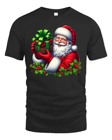 Santa Holding Gift Holly Christmas Cheer Festive Graphic T-Shirt - black t-shirt on white background