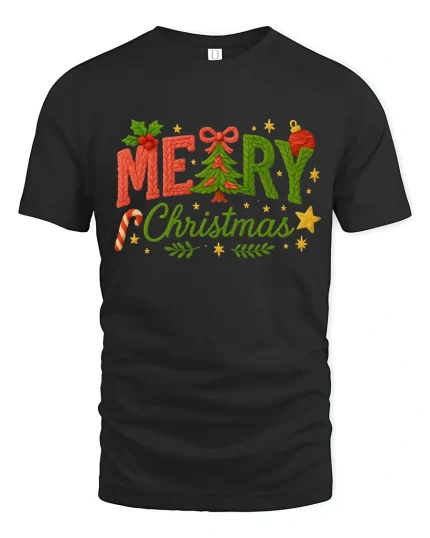Merry Christmas Tree Yarn Art Cute Holiday Festive Graphic T-Shirt - black t-shirt on white background