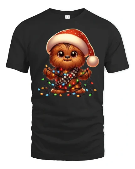 Cute Christmas Pup Lights Tangled Holiday Cartoon Graphic T-Shirt - black t-shirt on white background