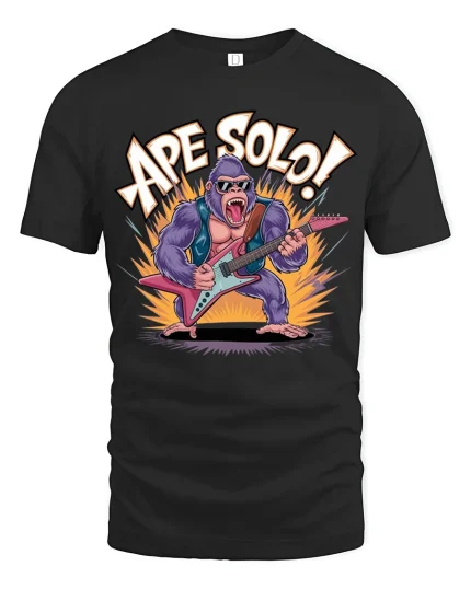 Ape Solo Rock Guitar Funny Cartoon Gorilla Music T-Shirt - black t-shirt on white background