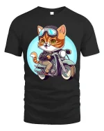 Cool Biker Cat Motorcycle Rider Cartoon Funny Graphic T-Shirt - black t-shirt on white background