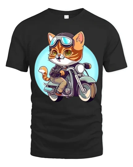 Cool Biker Cat Motorcycle Rider Cartoon Funny Graphic T-Shirt - black t-shirt on white background