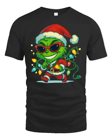 Mischievous Green Santa Lights Cartoon Christmas Funny T-Shirt - black t-shirt on white background