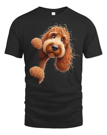 Cute Curly Dog Peekaboo Cartoon Graphic Tee for Dog Lovers - black t-shirt on white background
