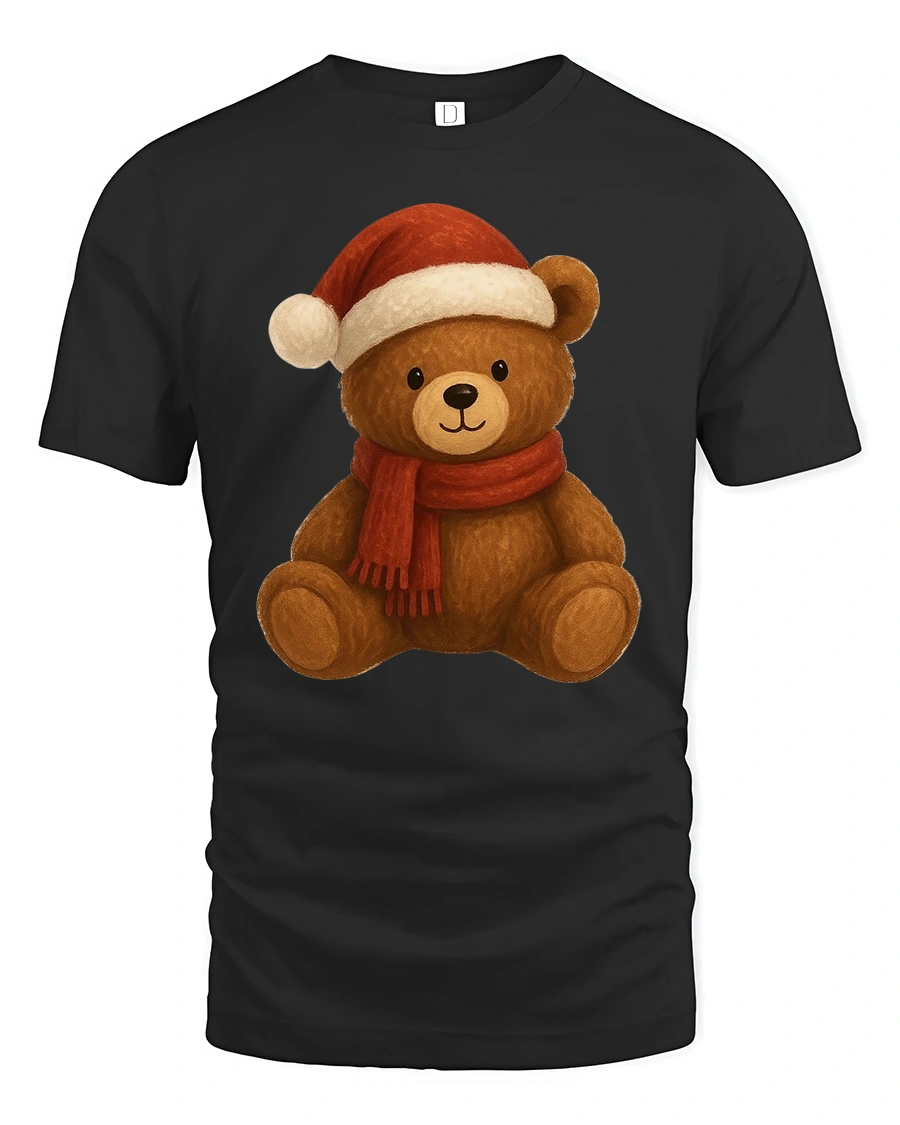 Cute Christmas Teddy Bear Santa Hat Holiday Cartoon Graphic Tee - 1 Cute Christmas Teddy Bear Santa Hat Holiday Cartoon Graphic Tee - black t-shirt on white background