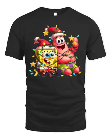 Funny Holiday Duo Cartoon Friends Christmas Lights Graphic T-Shirt - black t-shirt on white background