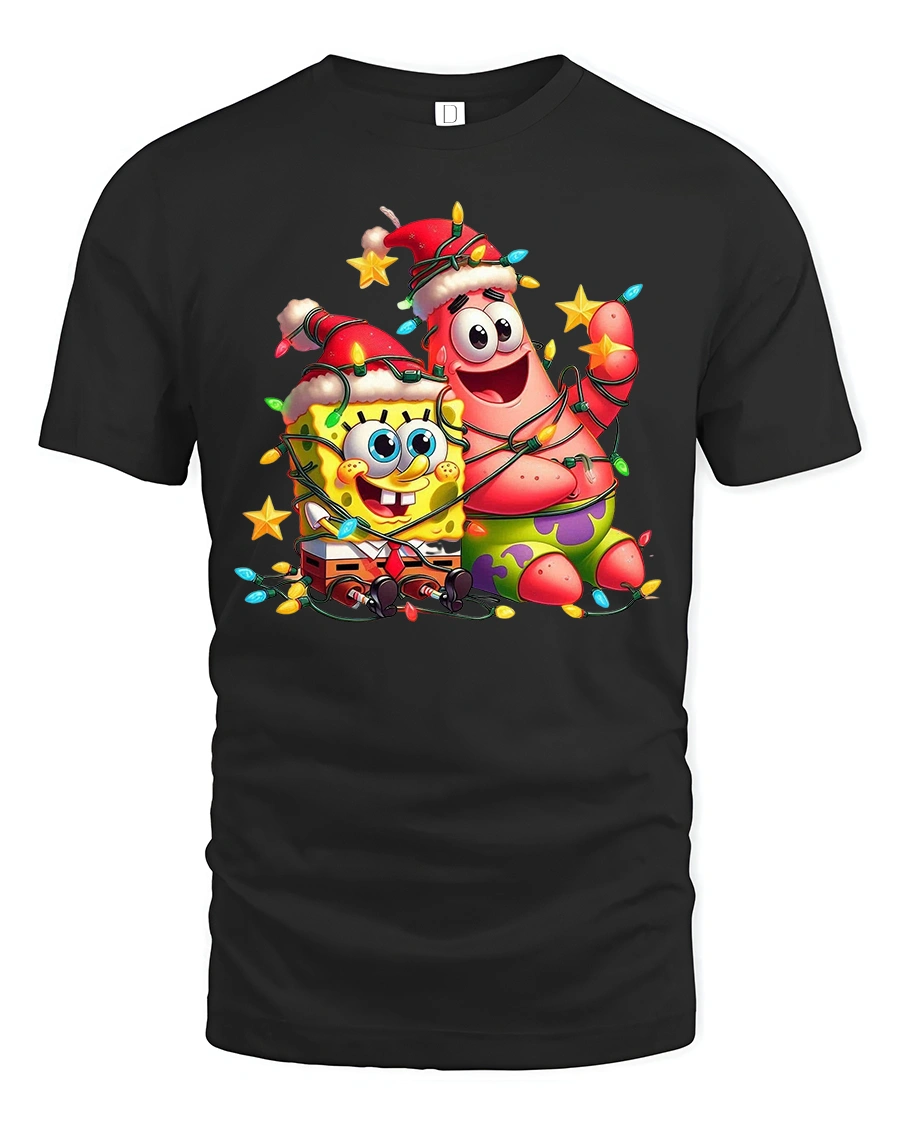 Funny Holiday Duo Cartoon Friends Christmas Lights Graphic T-Shirt - 1 Funny Holiday Duo Cartoon Friends Christmas Lights Graphic T-Shirt - black t-shirt on white background