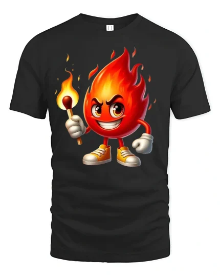 Funny Fireball Character Matchstick Cartoon Graphic T-Shirt - black t-shirt on white background