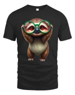 Cute Sloth Big Glasses Cartoon Graphic T-Shirt Adorable Style - black t-shirt on white background