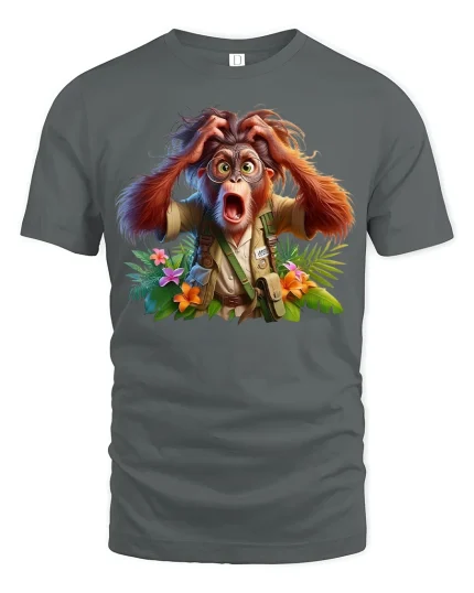 Surprised Explorer Monkey Adventure Graphic T-Shirt Funny Tee - gray t-shirt on white background