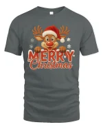 Merry Christmas Reindeer Cute Holiday Snowflakes Graphic T-Shirt - gray t-shirt on white background
