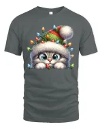 Cute Christmas Kitten Lights Beanie Holiday Cartoon Graphic T-Shirt - gray t-shirt on white background