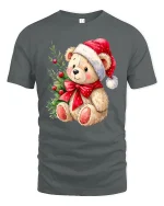 Cute Christmas Teddy Bear Santa Hat Bow Holiday Graphic T-Shirt - gray t-shirt on white background