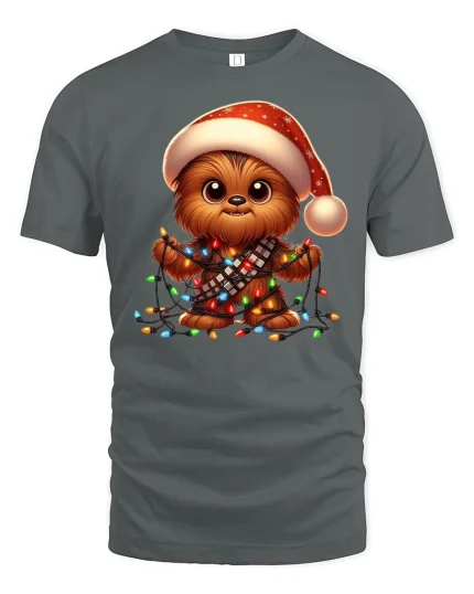 Cute Christmas Pup Lights Tangled Holiday Cartoon Graphic T-Shirt - gray t-shirt on white background