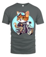 Cool Biker Cat Motorcycle Rider Cartoon Funny Graphic T-Shirt - gray t-shirt on white background