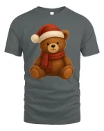 Cute Christmas Teddy Bear Santa Hat Holiday Cartoon Graphic Tee - gray t-shirt on white background