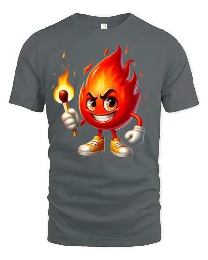 Funny Fireball Character Matchstick Cartoon Graphic T-Shirt - gray t-shirt on white background