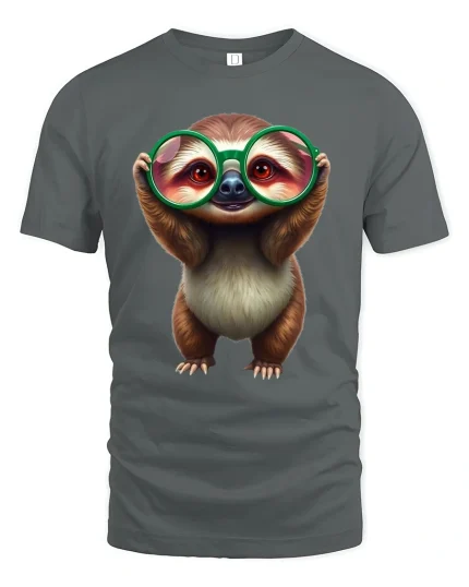 Cute Sloth Big Glasses Cartoon Graphic T-Shirt Adorable Style - gray t-shirt on white background