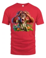 Surprised Explorer Monkey Adventure Graphic T-Shirt Funny Tee - red t-shirt on white background