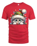 Cute Christmas Kitten Lights Beanie Holiday Cartoon Graphic T-Shirt - red t-shirt on white background
