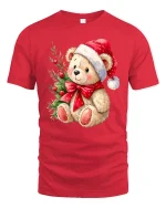 Cute Christmas Teddy Bear Santa Hat Bow Holiday Graphic T-Shirt - red t-shirt on white background