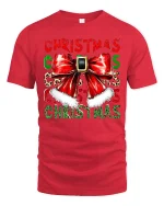 Christmas Bow Santa Belt Festive Holiday Graphic T-Shirt - red t-shirt on white background