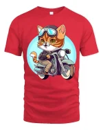 Cool Biker Cat Motorcycle Rider Cartoon Funny Graphic T-Shirt - red t-shirt on white background