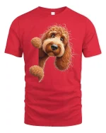 Cute Curly Dog Peekaboo Cartoon Graphic Tee for Dog Lovers - red t-shirt on white background