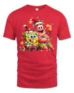 Funny Holiday Duo Cartoon Friends Christmas Lights Graphic T-Shirt - red t-shirt on white background