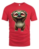 Cute Sloth Big Glasses Cartoon Graphic T-Shirt Adorable Style - red t-shirt on white background