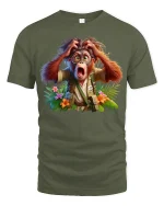 Surprised Explorer Monkey Adventure Graphic T-Shirt Funny Tee - military green t-shirt on white background