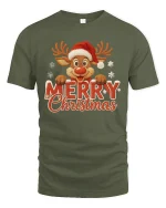 Merry Christmas Reindeer Cute Holiday Snowflakes Graphic T-Shirt - military green t-shirt on white background