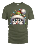 Cute Christmas Kitten Lights Beanie Holiday Cartoon Graphic T-Shirt - military green t-shirt on white background