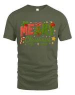 Merry Christmas Tree Yarn Art Cute Holiday Festive Graphic T-Shirt - military green t-shirt on white background