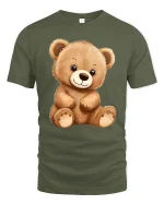 Cute Teddy Bear Cartoon Big Eyes Adorable Plush Style T-Shirt - military green t-shirt on white background
