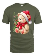 Cute Christmas Teddy Bear Santa Hat Bow Holiday Graphic T-Shirt - military green t-shirt on white background