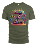 Colorful Letter Z Music Notes Microphone Graphic Art T-Shirt - military green t-shirt on white background