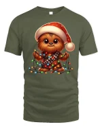 Cute Christmas Pup Lights Tangled Holiday Cartoon Graphic T-Shirt - military green t-shirt on white background