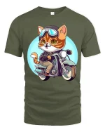 Cool Biker Cat Motorcycle Rider Cartoon Funny Graphic T-Shirt - military green t-shirt on white background