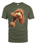 Cute Curly Dog Peekaboo Cartoon Graphic Tee for Dog Lovers - military green t-shirt on white background