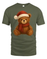 Cute Christmas Teddy Bear Santa Hat Holiday Cartoon Graphic Tee - military green t-shirt on white background