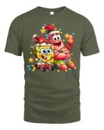 Funny Holiday Duo Cartoon Friends Christmas Lights Graphic T-Shirt - military green t-shirt on white background