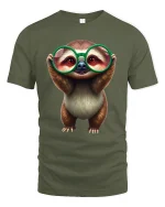 Cute Sloth Big Glasses Cartoon Graphic T-Shirt Adorable Style - military green t-shirt on white background