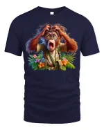 Surprised Explorer Monkey Adventure Graphic T-Shirt Funny Tee - navy t-shirt on white background