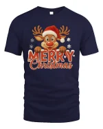 Merry Christmas Reindeer Cute Holiday Snowflakes Graphic T-Shirt - navy t-shirt on white background