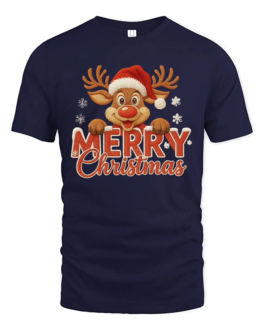 Merry Christmas Reindeer Cute Holiday Snowflakes Graphic T-Shirt - 1 Merry Christmas Reindeer Cute Holiday Snowflakes Graphic T-Shirt - navy t-shirt on white background